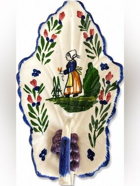Vintage Delft Blue Hand Painted Wall Pocket Holland Pottery Floral Folk Art Vase